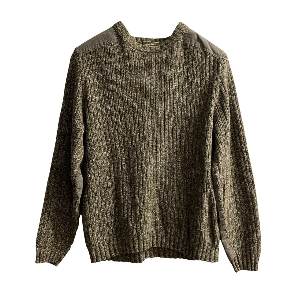 Eddie Bauer‎ Sweater Mens M Olive Green Cable Knit Shoulder Elbow Patches Preppy - Picture 1 of 11